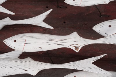 Lot 651 - Max Tannahill - Fishes | sculpture: a wooden shoal of fish and the remnants of a boat hull