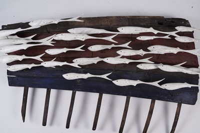 Lot 651 - Max Tannahill - Fishes | sculpture: a wooden shoal of fish and the remnants of a boat hull