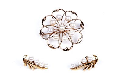 Lot 94 - A pair of Mikimoto cultured pearl earrings, and a cultured pearl flowerhead pattern brooch