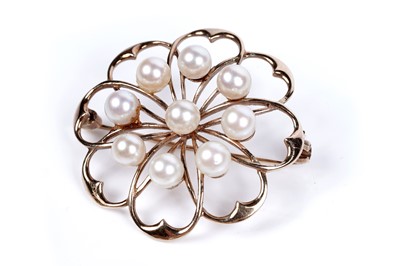 Lot 94 - A pair of Mikimoto cultured pearl earrings, and a cultured pearl flowerhead pattern brooch