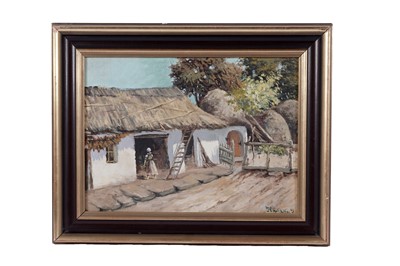 Lot 643 - J. Lnitzkoy - Thatched house on a summer's day | oil