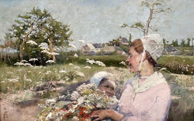 Lot 203 - Elizabeth Adela Forbes - Gathering Flowers in a Wild Meadow, an Impressionist scene | oil
