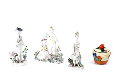 Lot 237 - Three Raymond Peynet ceramic figures; and a Clarice Cliff preserve pot