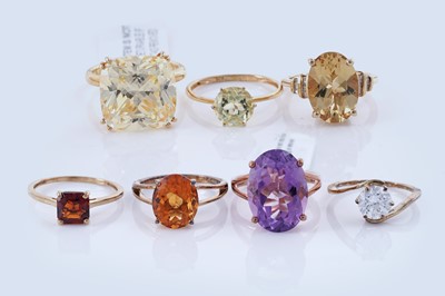 Lot 168 - Seven contemporary quartz variety gemstone rings