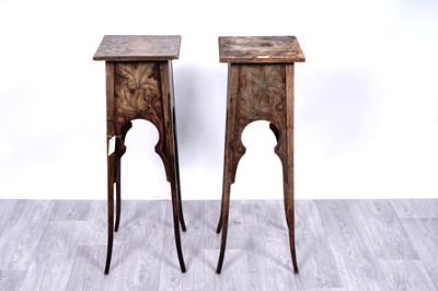 Lot 44 - A pair of hardwood pokerwork jardinière stands