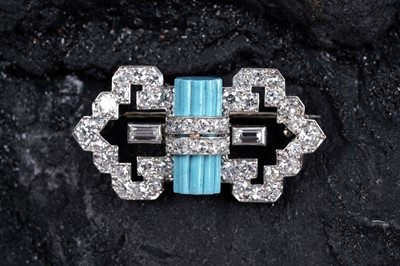 Lot 908 - A fine French Art Deco turquoise and diamond brooch