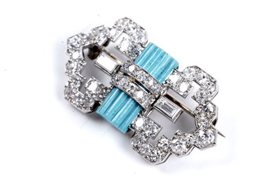 Lot 908 - A fine French Art Deco turquoise and diamond brooch