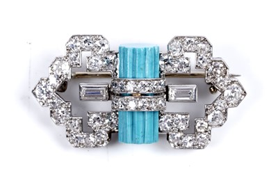 Lot 908 - A fine French Art Deco turquoise and diamond brooch