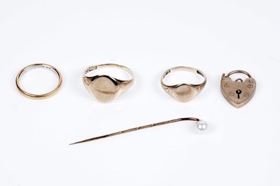 Lot 117 - Gold wedding and signet rings; together with a 9ct gold heart-shaped padlock; and pearl stick pin