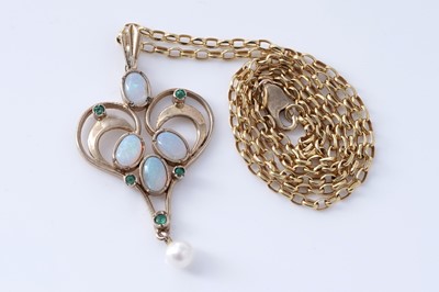 Lot 12 - An Edwardian Art Nouveau style opal, emerald, and pearl pendant necklace