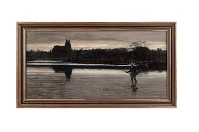 Lot 5 - George Sherwood Hunter - Fishing under the shadow of the church at dawn | oil
