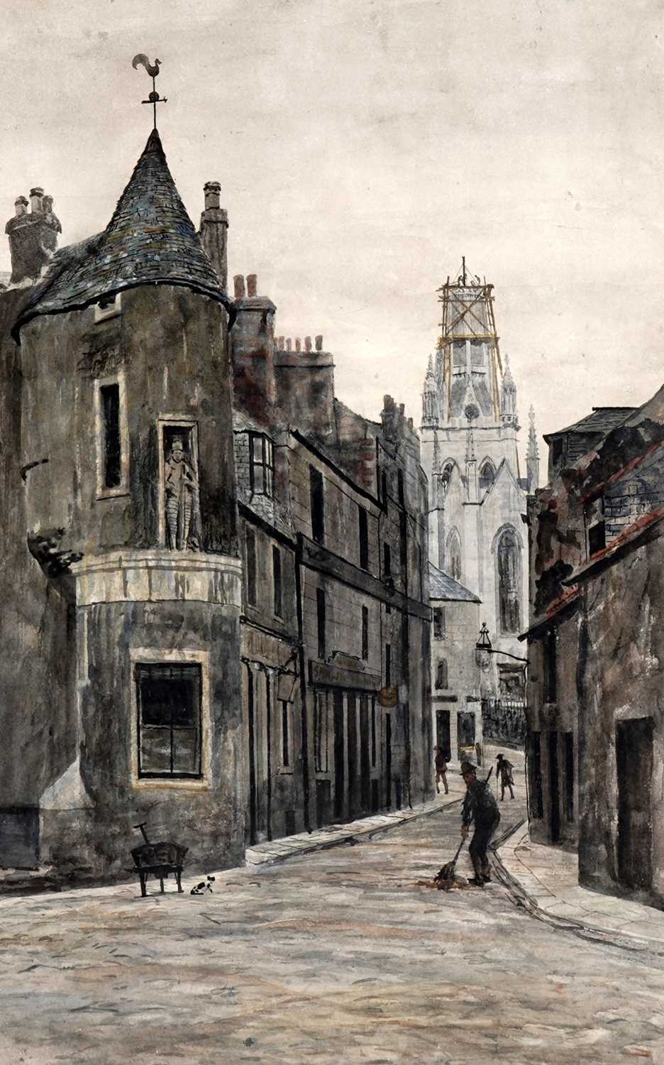 Lot 37 - George Sherwood Hunter - Street sweeper in a continental town, dawn | watercolour