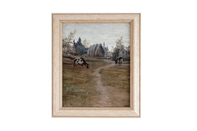 Lot 29 - George Sherwood Hunter - Two cows in a farmyard | oil