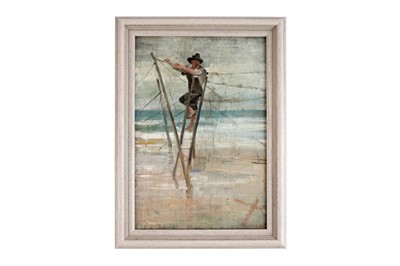 Lot 77 - George Sherwood Hunter - Fisherman on a beach, repairing a net | oil