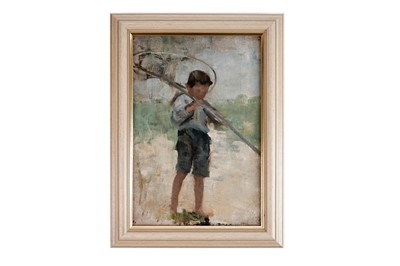 Lot 76 - George Sherwood Hunter - Boy holding a fishing net | oil