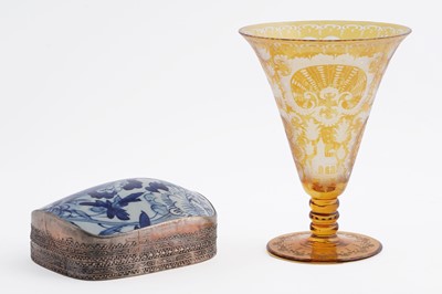 Lot 284 - An early 20th Century Bohemian conical amber glass vase; and a Chinese silver-plated shard box