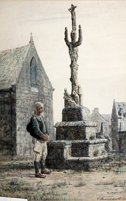 Lot 114 - George Sherwood Hunter - A man standing at a memorial | watercolour