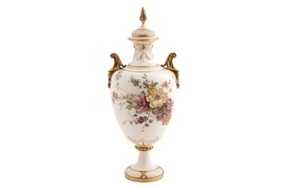 Lot 232 - A Royal Worcester blush ivory twin-handled vase and cover