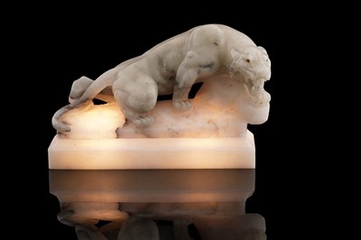 Lot 155 - An early 20th Century alabaster figure of a tiger on marble base