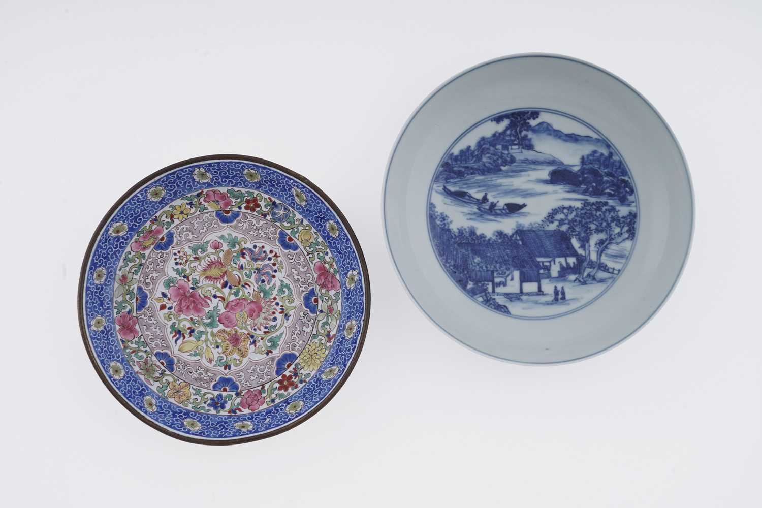 Lot 810 - A Chinese blue and white saucer dish; and a Canton enamel dish