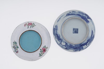 Lot 810 - A Chinese blue and white saucer dish; and a Canton enamel dish