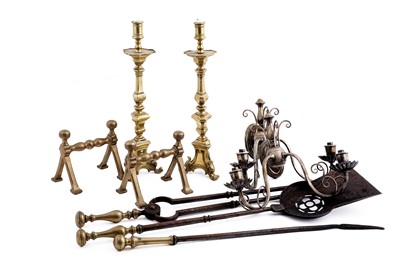 Lot 309 - A selection of brassware; and a pair of silverplate wall lights