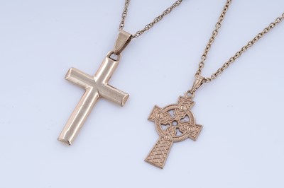 Lot 106 - Two 9ct gold cruciform pendant necklaces, one of Celtic design