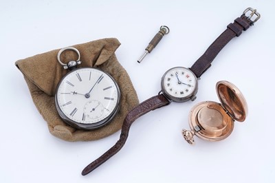 Lot 369 - Great War period silver cased pocket watch; a wristwatch; and a sovereign case