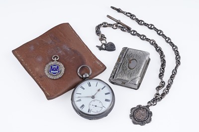 Lot 370 - A Victorian silver cased open-faced pocket watch; watch chain; snooker fob; and sovereign case
