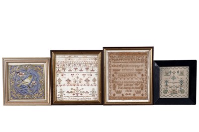 Lot 323 - A collection of small 19th Century samplers; and embroidered silk work panel
