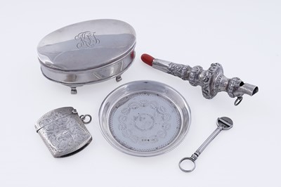Lot 391 - A Victorian baby's silver rattle with coral soother; and other items