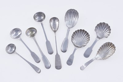 Lot 378 - Georgian and later silver spoons for a tea caddy, salt, and mustard