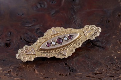 Lot 1 - A Victorian Etruscan Revival seed pearl and paste cannetille bar brooch