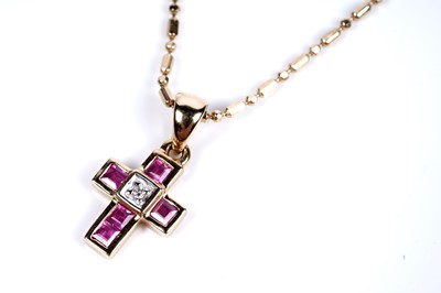 Lot 276 - A pink-sapphire and diamond cross-pattern pendant on chain