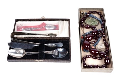 Lot 304 - Jewellery and silver including: a cherry amber style necklace