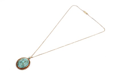 Lot 64 - A late Victorian Etruscan Revival turquoise target pattern pendant on chain