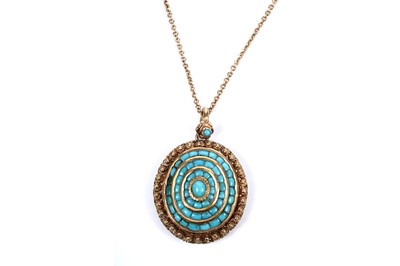 Lot 64 - A late Victorian Etruscan Revival turquoise target pattern pendant on chain