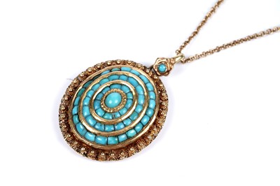 Lot 64 - A late Victorian Etruscan Revival turquoise target pattern pendant on chain
