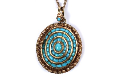 Lot 64 - A late Victorian Etruscan Revival turquoise target pattern pendant on chain