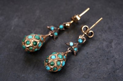 Lot 66 - A pair of late Victorian Gothic Revival turquoise pendant earrings