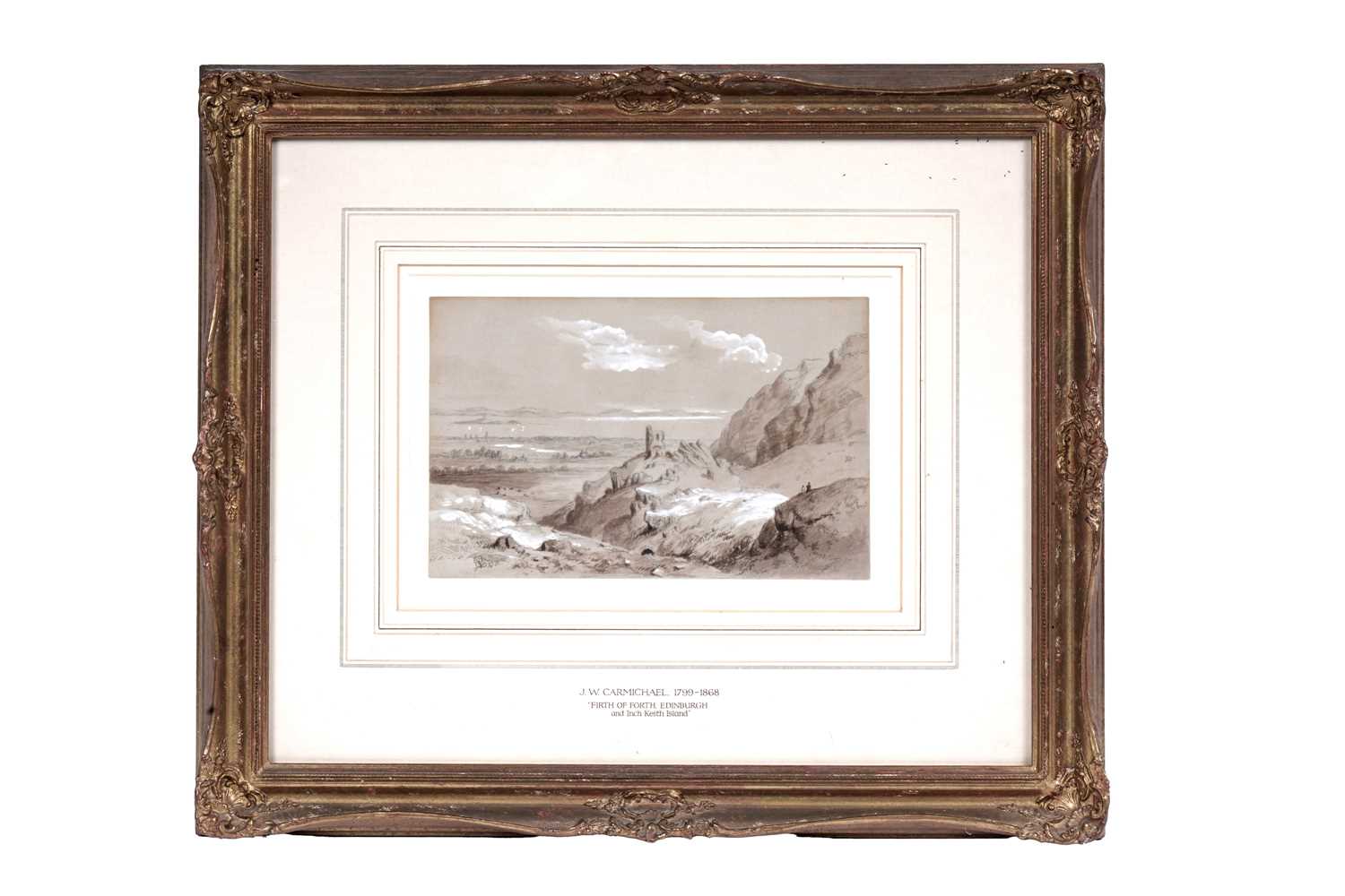 Lot 673 - John Wilson Carmichael - Firth of Forth, Edinburgh and Inch Keith Island | watercolour in sepia