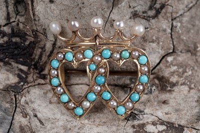 Lot 918 - A Victorian turquoise and seed pearl Luckenbooth brooch