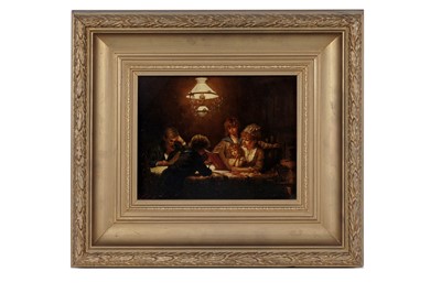 Lot 37 - Edward Carlton - A family reading, evening | oil