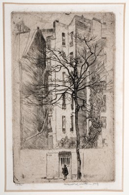 Lot 715 - Ernest Stephen Lumsden - Man by a tree in the street | etching