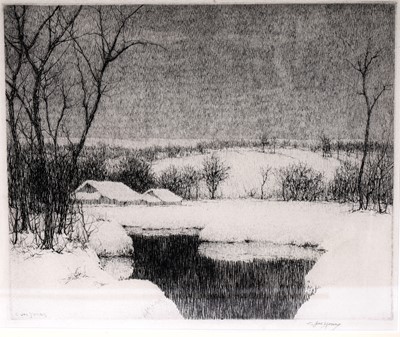 Lot 707 - Charles Jac Young - Winter landscape with farm buildings | etching