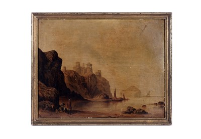 Lot 1566 - H. Muir - Clifftop castle with fishermen | oil