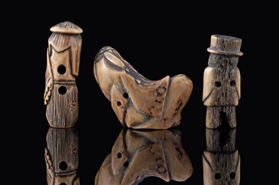 Lot 848 - Three Japanese bone netsuke; and a quantity of Chinese gaming counters