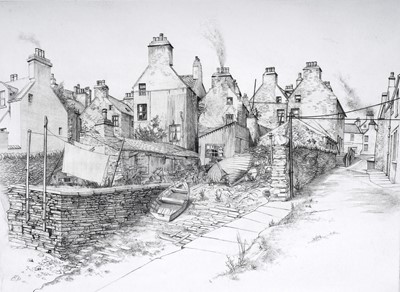 Lot 263 - Freddy Theys - Waterfront from Copland's Pier, Stromness | etching