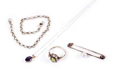 Lot 76 - Gold jewellery including: a cultured baroque pearl stock pin
