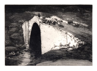 Lot 270 - George Marples - Shepherd with a flock crossing the bridge | etching
